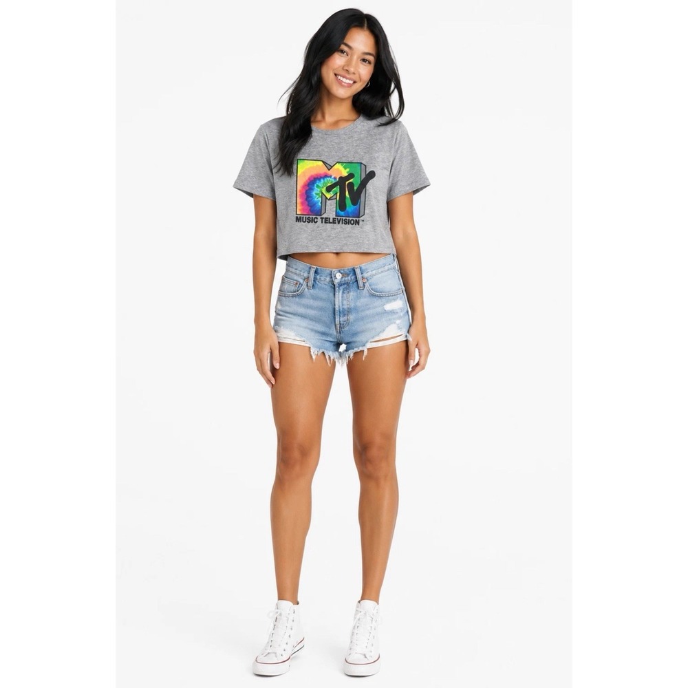 MTV Women's Gray Cropped Crew Neck Graphic Logo Short Sleeve T-Shirt Sz L NEW